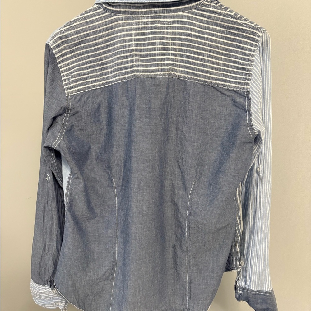 Cino Mixed Media Patchwork Button Down Shirt Blue… - image 3